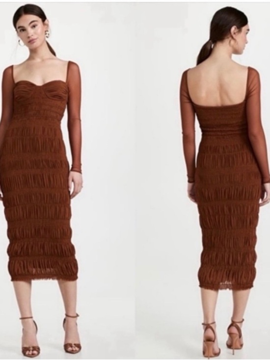 Self-Portrait Dresses & Skirts - Self-Portrait Sheer-Sleeve Ruched Midi Dress Size 2